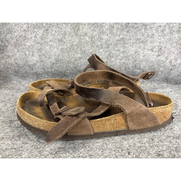 Birkenstock Sandals Shoes Womens Size 7 37 Brown Yara Leather Ankle Strap Flat - Picture 1 of 8